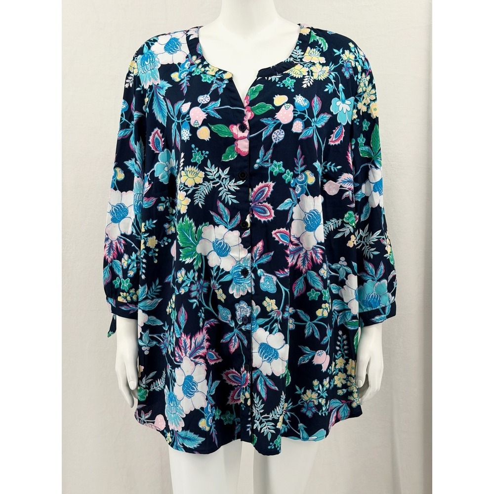 Catherines Top Womens 2X Navy Floral Button Up Sheer Office Boho Colorful Spring